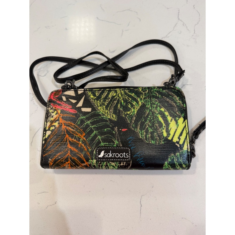 Sakroots Tropical Jungle Print Crossbody Wallet Bag Black Multi